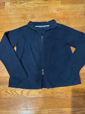 Liz Claiborne Navy Ribbed Full-Zip Sweater- 100% Cotton
